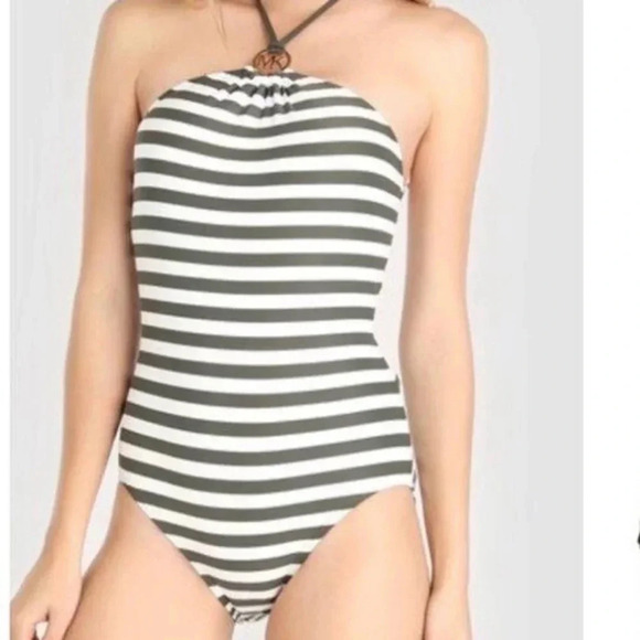Michael Kors Striped Ivy Logo Ring Shirred One Piece Swimsuit Size 6 Beach Vacay - Picture 2 of 11
